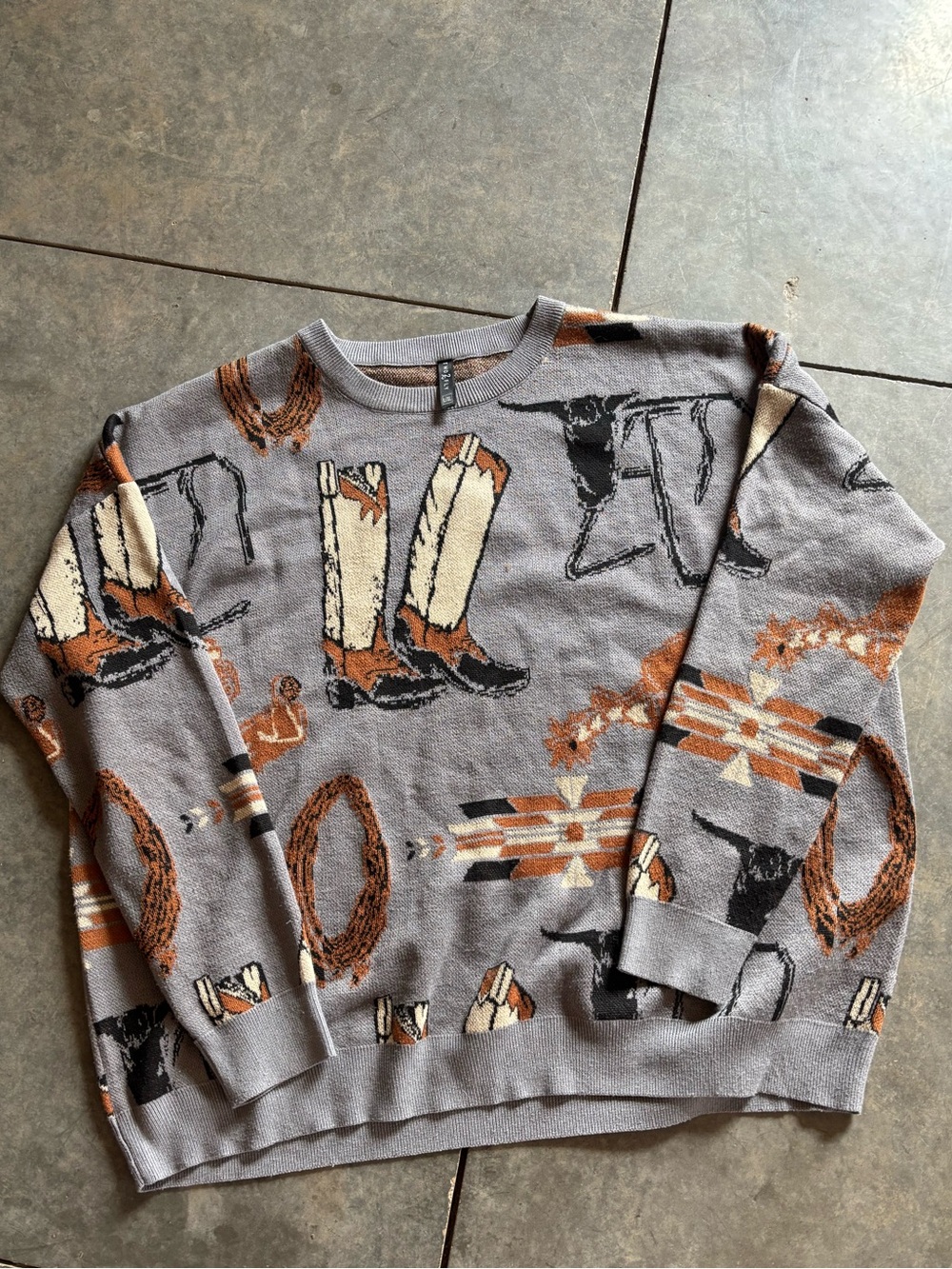 Women’s Grey Southwestern Boot & Rope Pattern Sweater Oversized